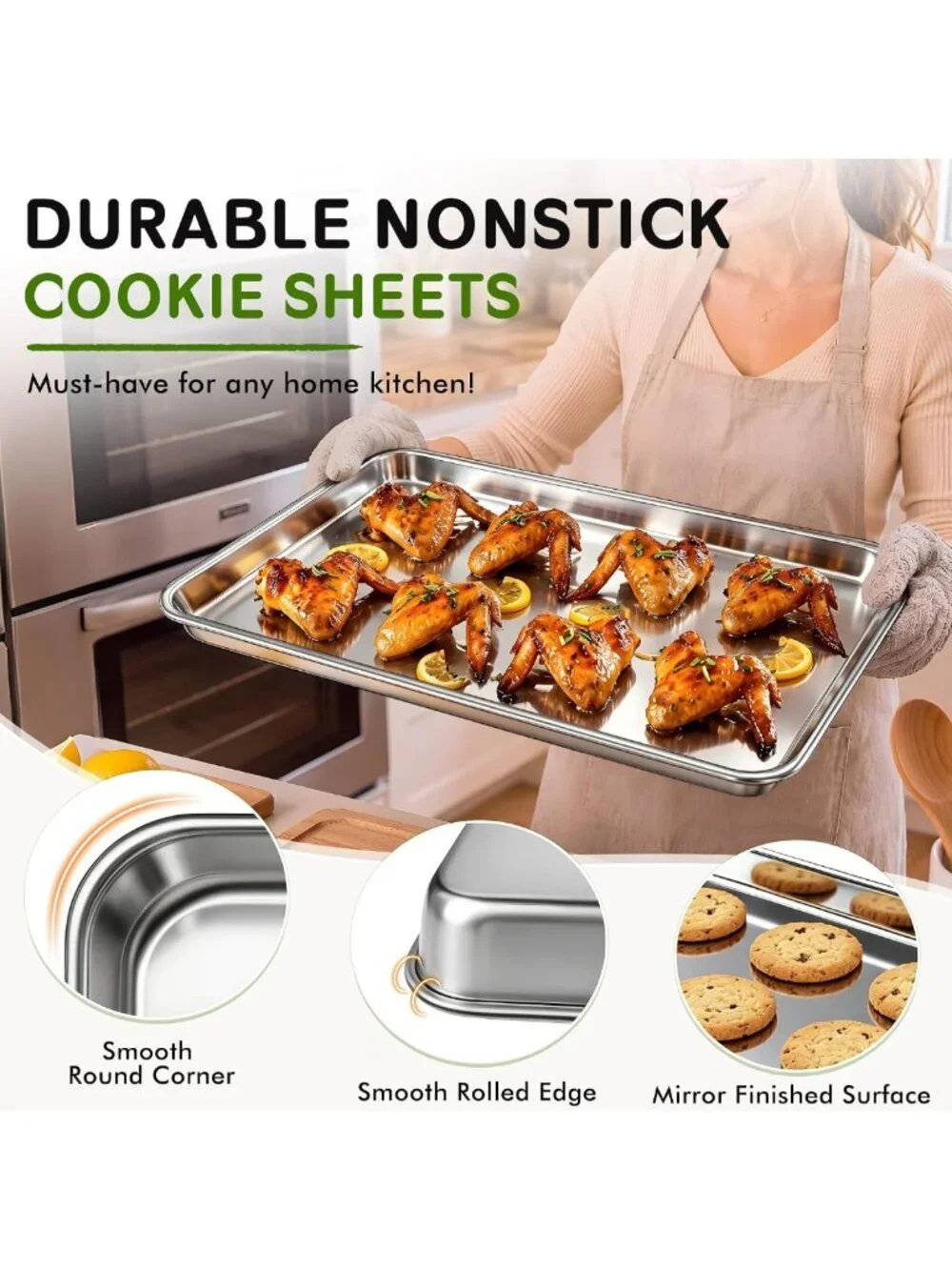 Set of 2 Stainless Steel Baking Sheets - Nonstick, Heavy Duty, 18x13 Inch Oven